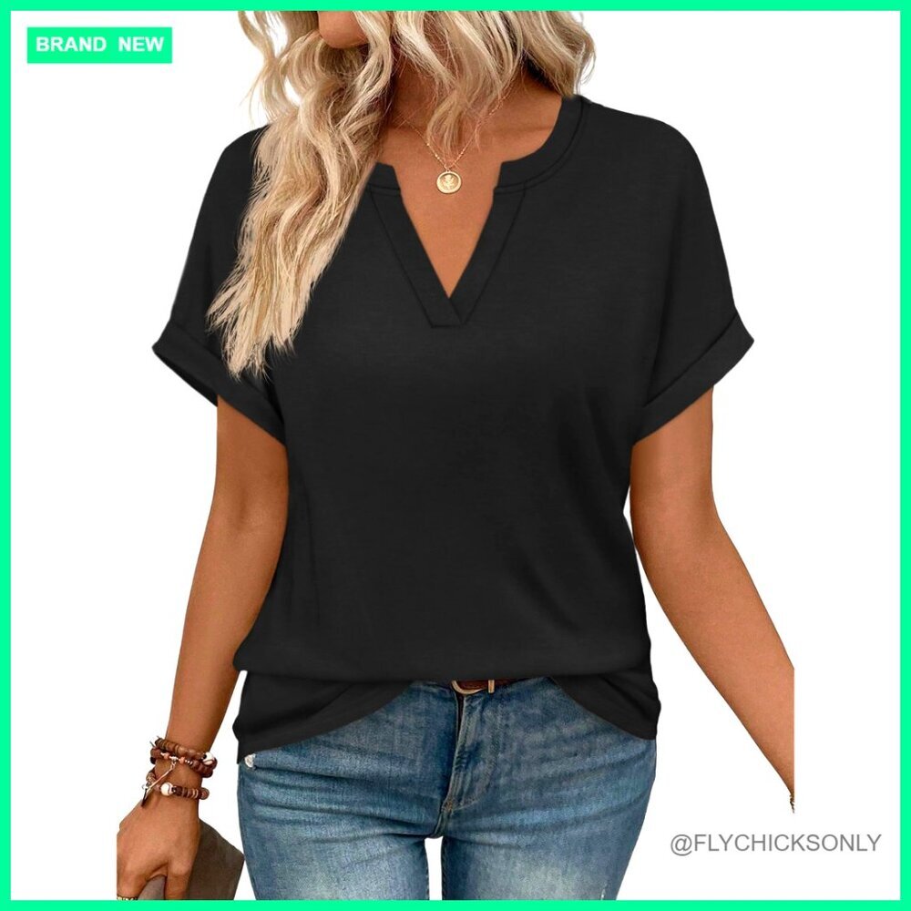V-Neck Short Sleeve T-Shirt, Polyester Blend, Loose Fit, Tunic Length